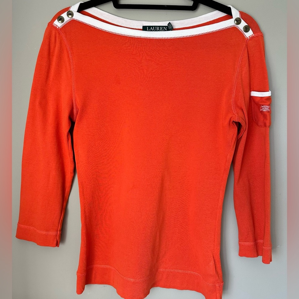Lauren Ralph Lauren Cotton Boatneck Tee with 3/4 sleeve Orange size Small P